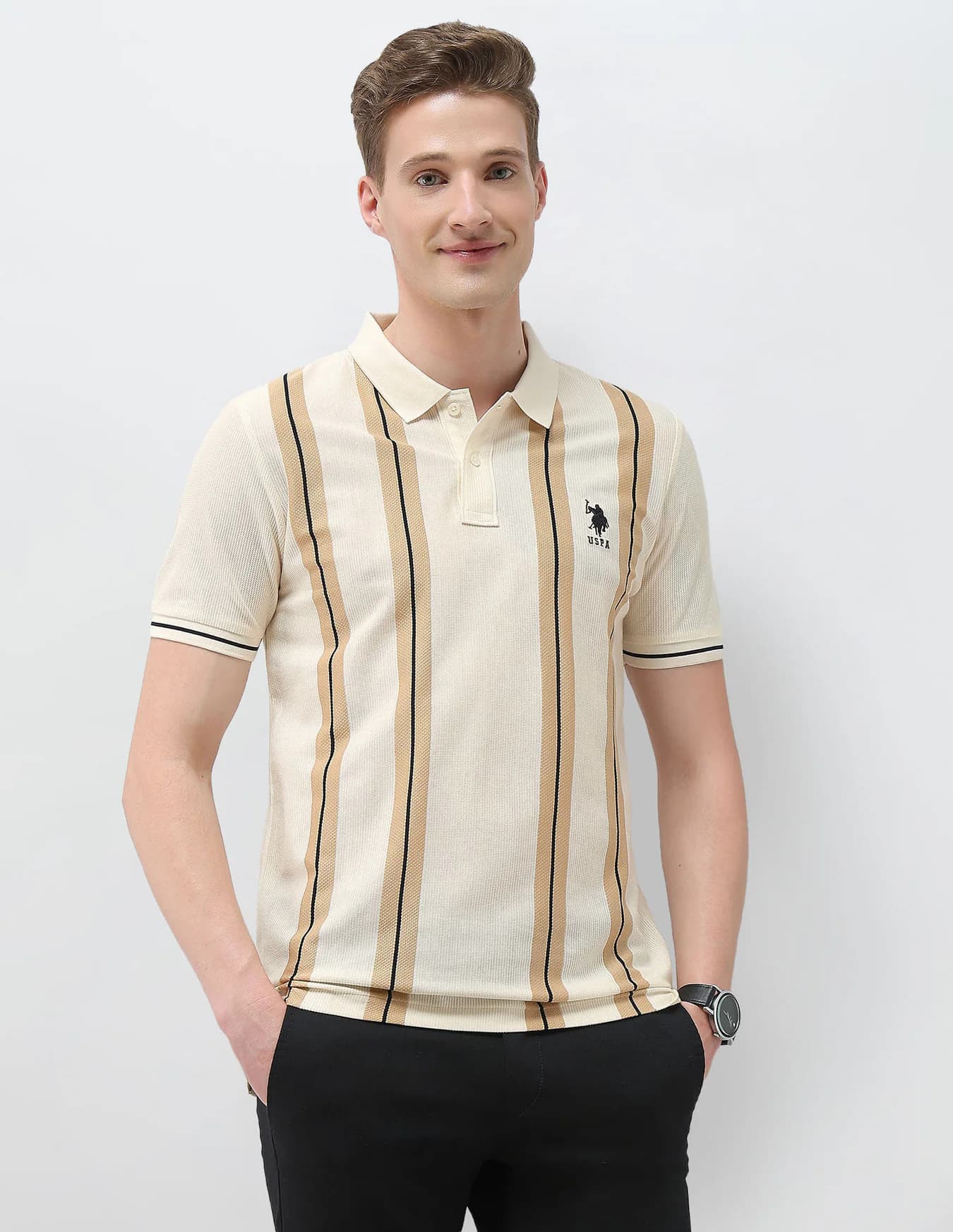 Men's Beige Casual Half Sleeves Vertical Striped Sotogrande Slim Fit Polo Tshirt