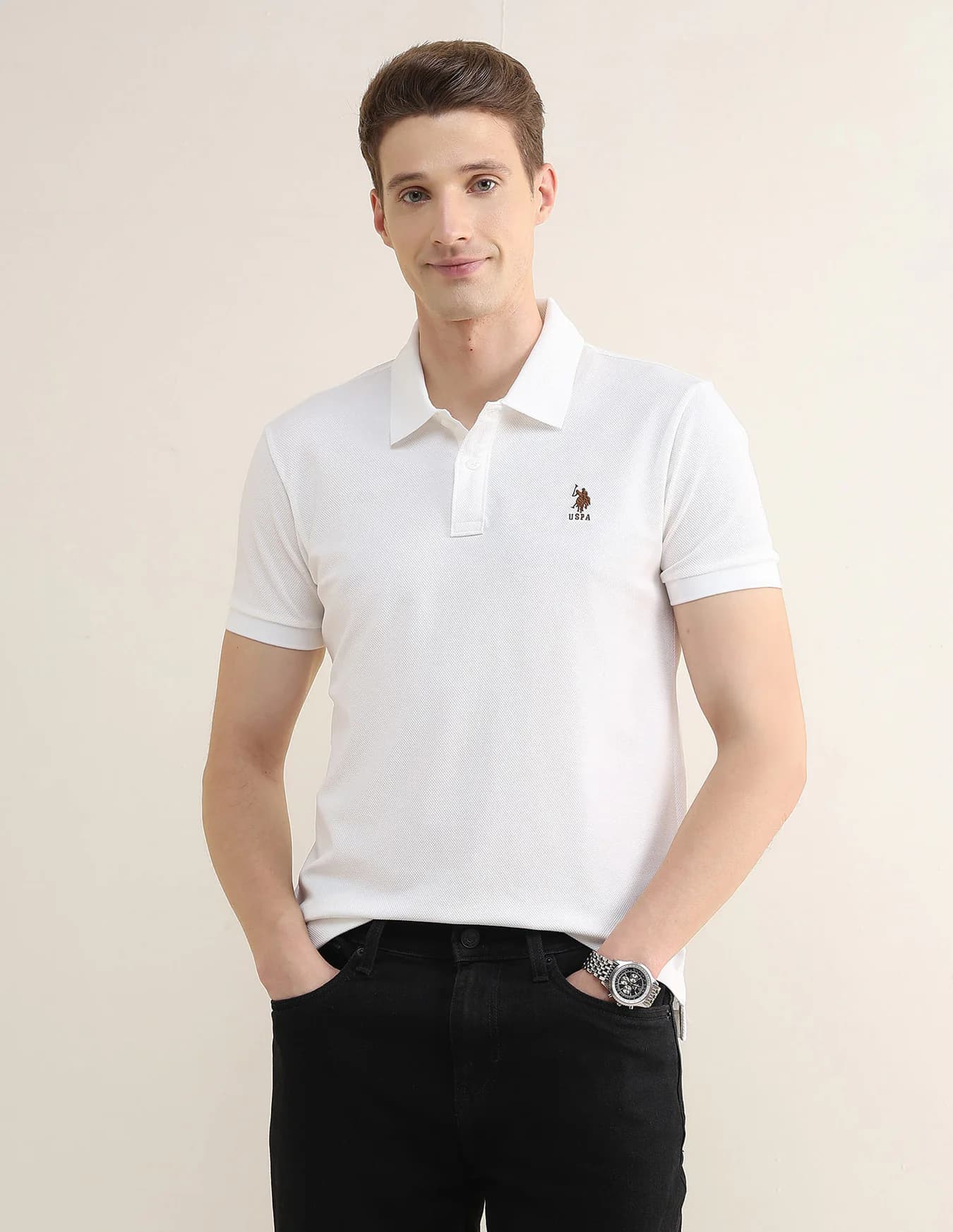 Men's Off White Casual Half Sleeves Solid Slim Fit Polo Tshirt