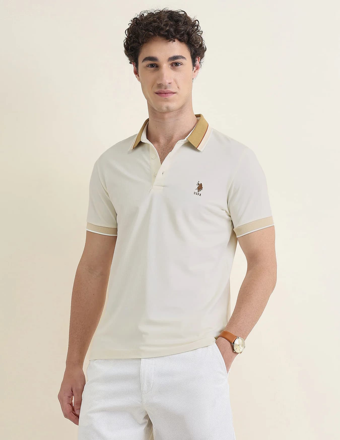 Men's Beige Casual Half Sleeves Solid Slim Fit Polo Tshirt
