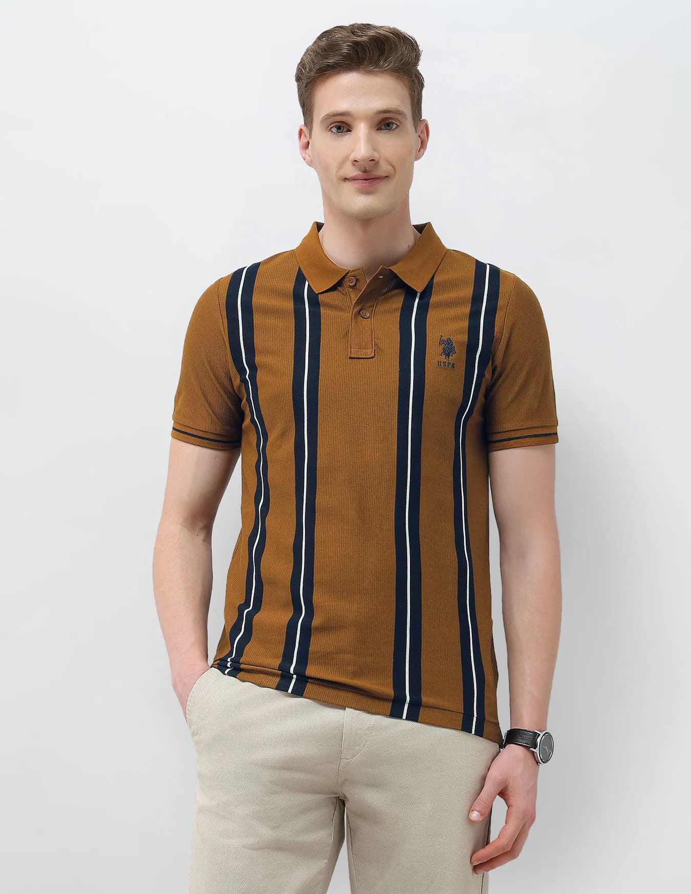 Men's Brown Casual Half Sleeves Vertical Striped Sotogrande Slim Fit Polo Tshirt