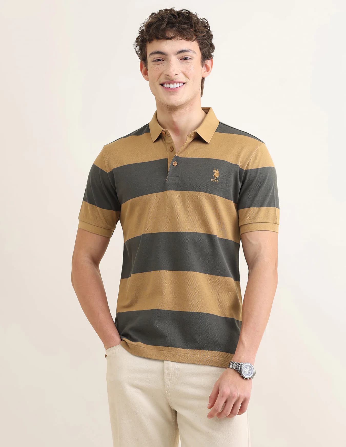 Men's Yellow Casual Half Sleeves Sotogrande Horizontal Striped Polo Tshirt