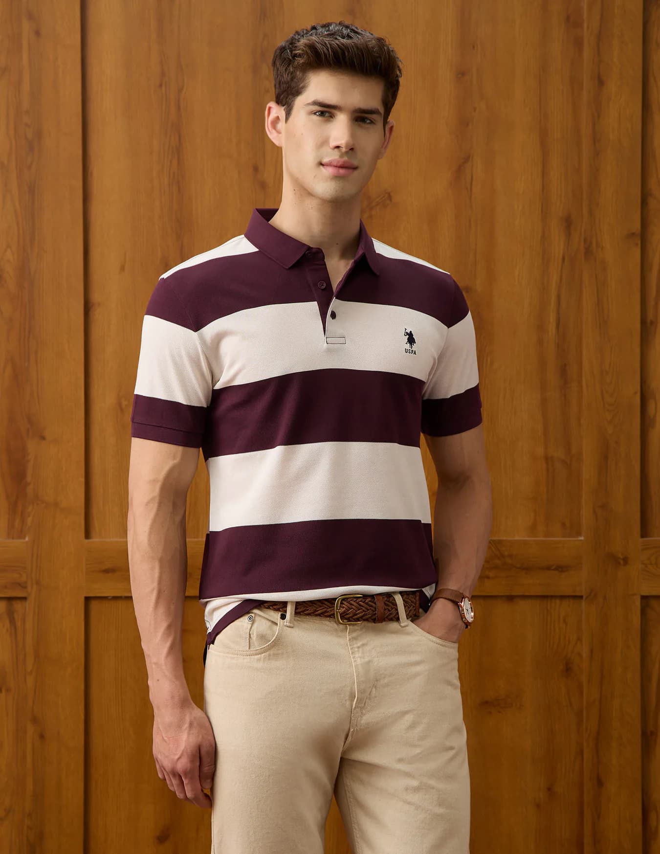 Men's Red Casual Half Sleeves Horizontal Striped Slim Fit Polo Tshirt