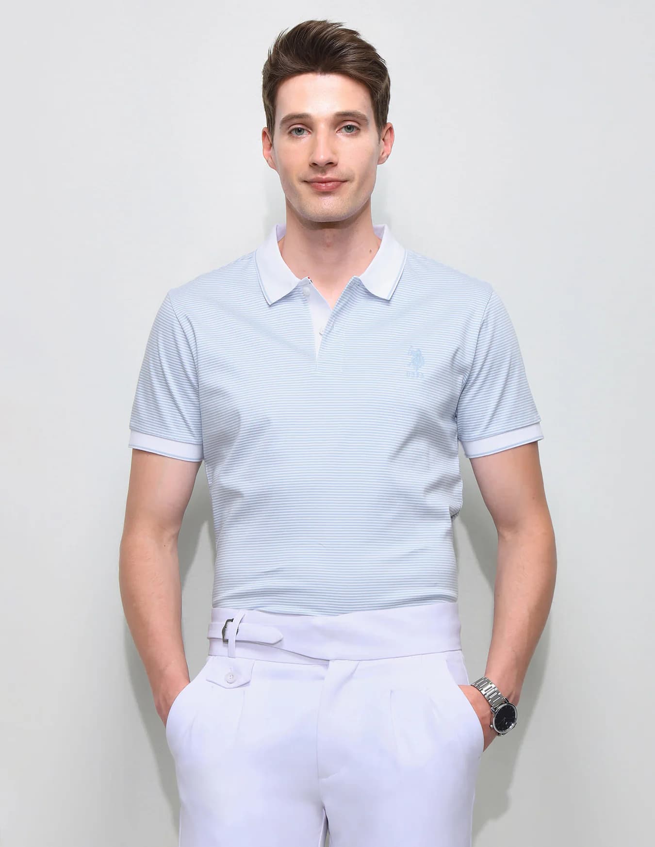 Men's Blue Casual Half Sleeves Horizontal Striped Slim Fit Polo Tshirt