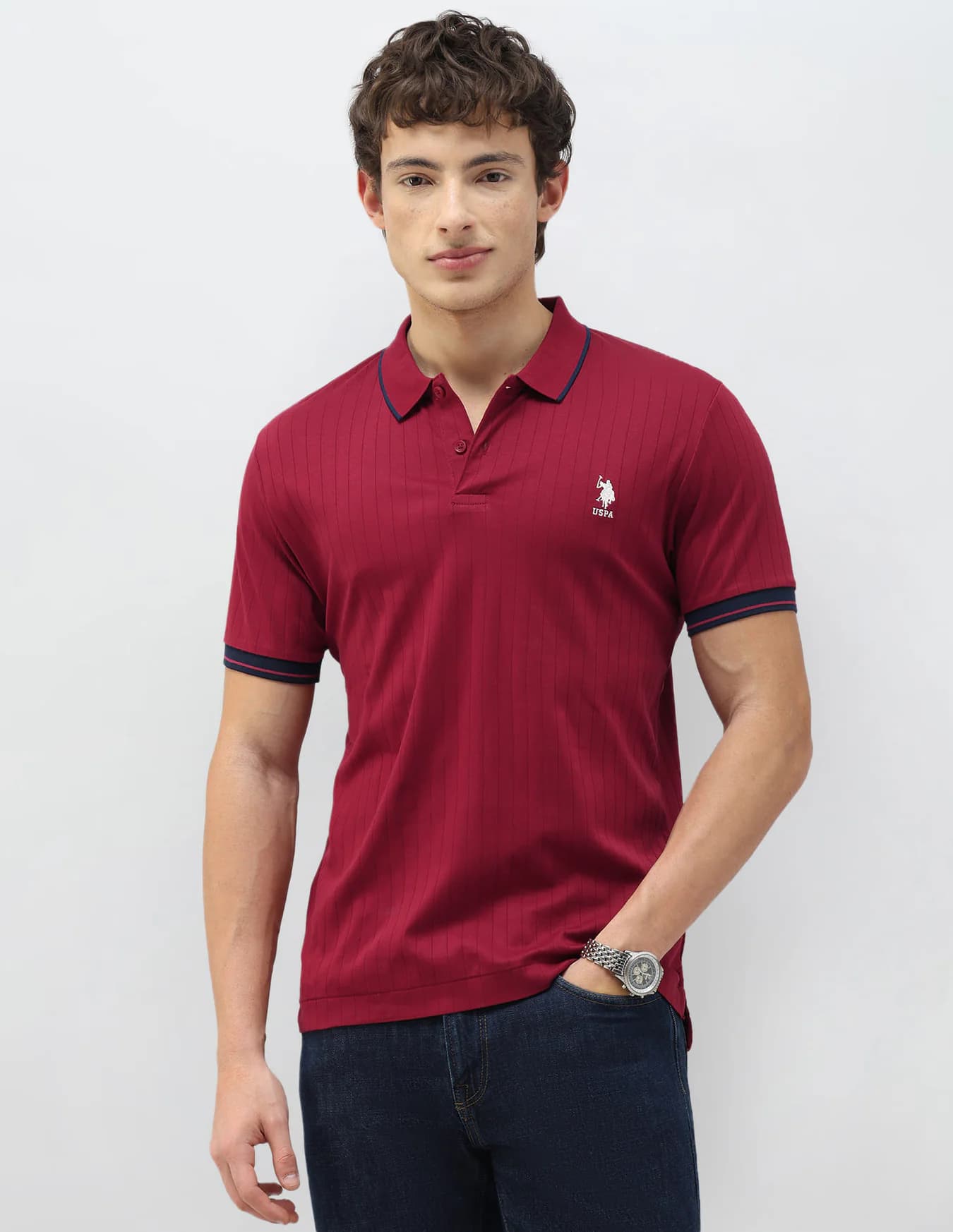 Men's Red Casual Half Sleeves New Port Marina Vertical Striped Patterned Knit Polo Tshirt