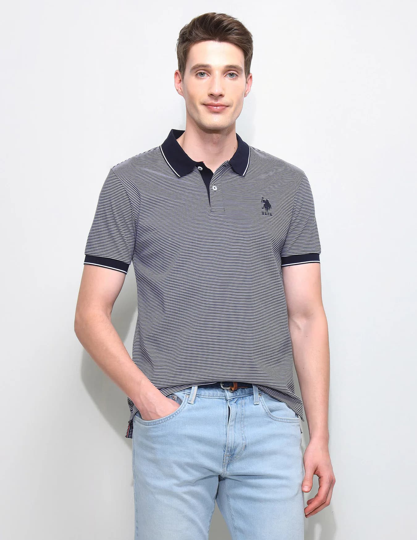 Men's Navy Casual Half Sleeves Horizontal Striped Slim Fit Polo Tshirt
