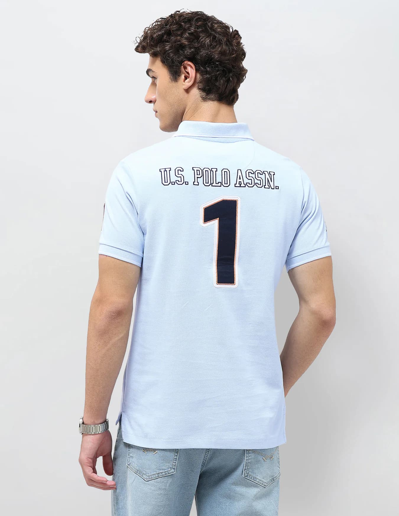 Men's Blue Casual Half Sleeves Diagonal Colorblocked Embroidered Polo Tshirt