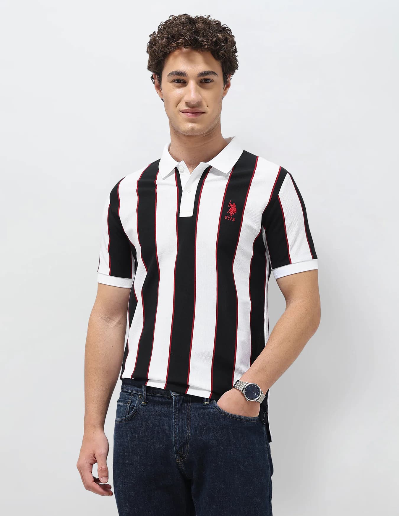 Men's White Casual Half Sleeves Vertical Striped Slim Fit Polo Tshirt