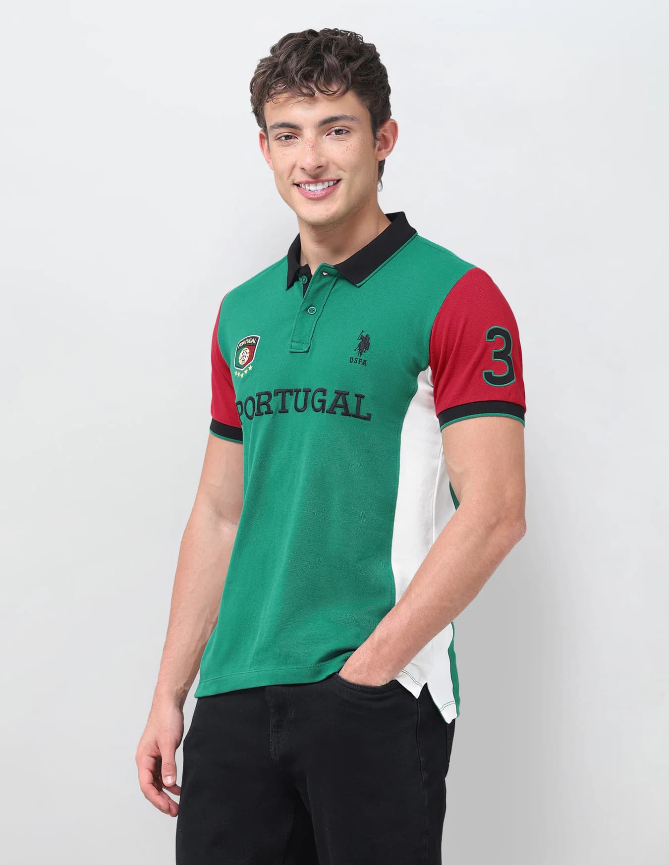 Men's Green Casual Half Sleeves Colourblocked Embroidered Slim Fit Polo Tshirt