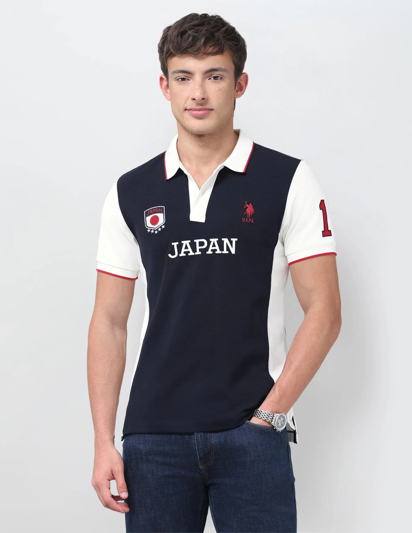 Men's Navy Casual Half Sleeves Colourblocked Slim Fit Polo Tshirt