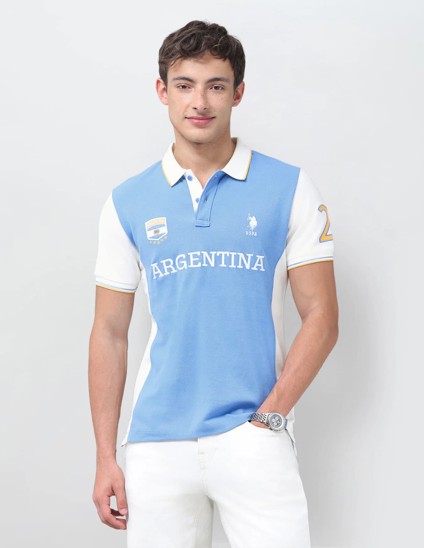 Men's Blue Casual Half Sleeves Colourblocked Slim Fit Polo Tshirt