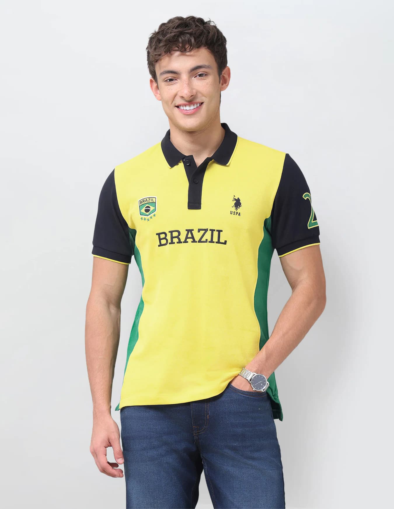 Men's Yellow Casual Half Sleeves Colourblocked Slim Fit Polo Tshirt