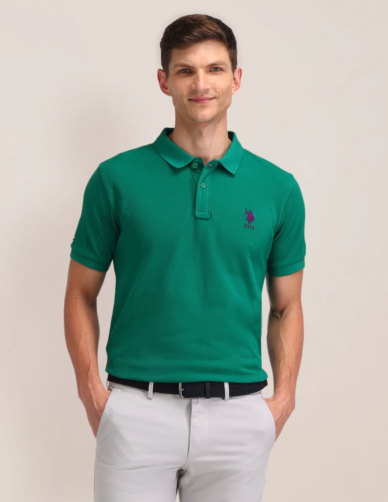 Men's Green Casual Half Sleeves Pure Cotton Solid Slim Fit Polo Tshirt