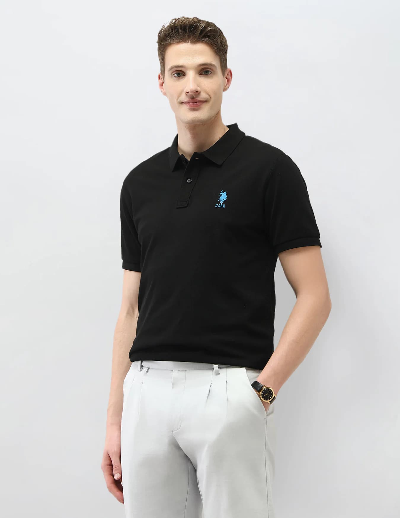 Men's Black Casual Half Sleeves Solid Slim Fit Polo Tshirt