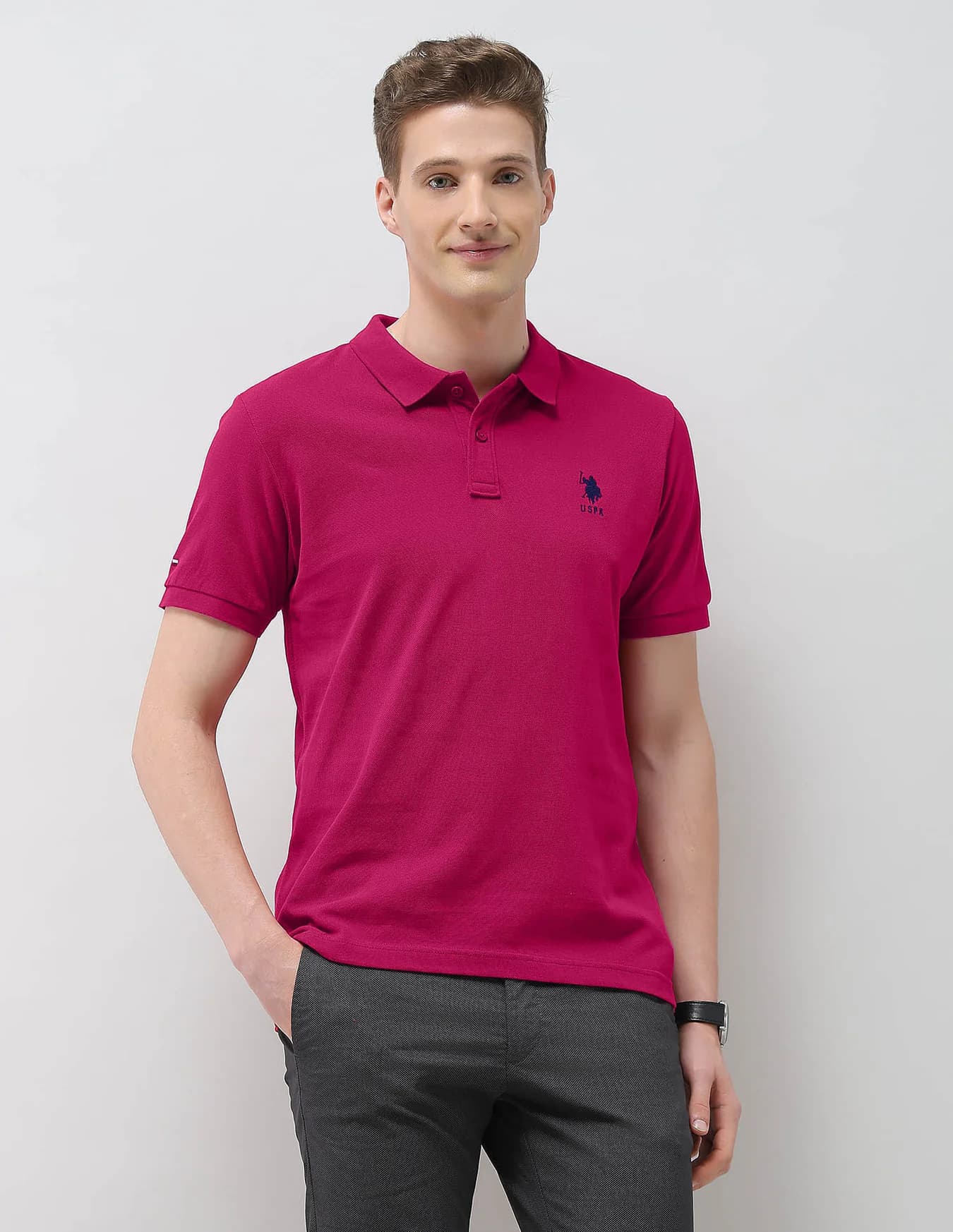 Men's Pink Casual Half Sleeves Solid Slim Fit Polo Tshirt