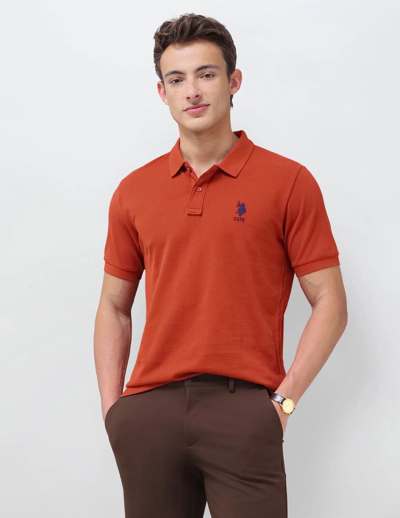 Men's Orange Casual Half Sleeves Solid Slim Fit Polo Tshirt