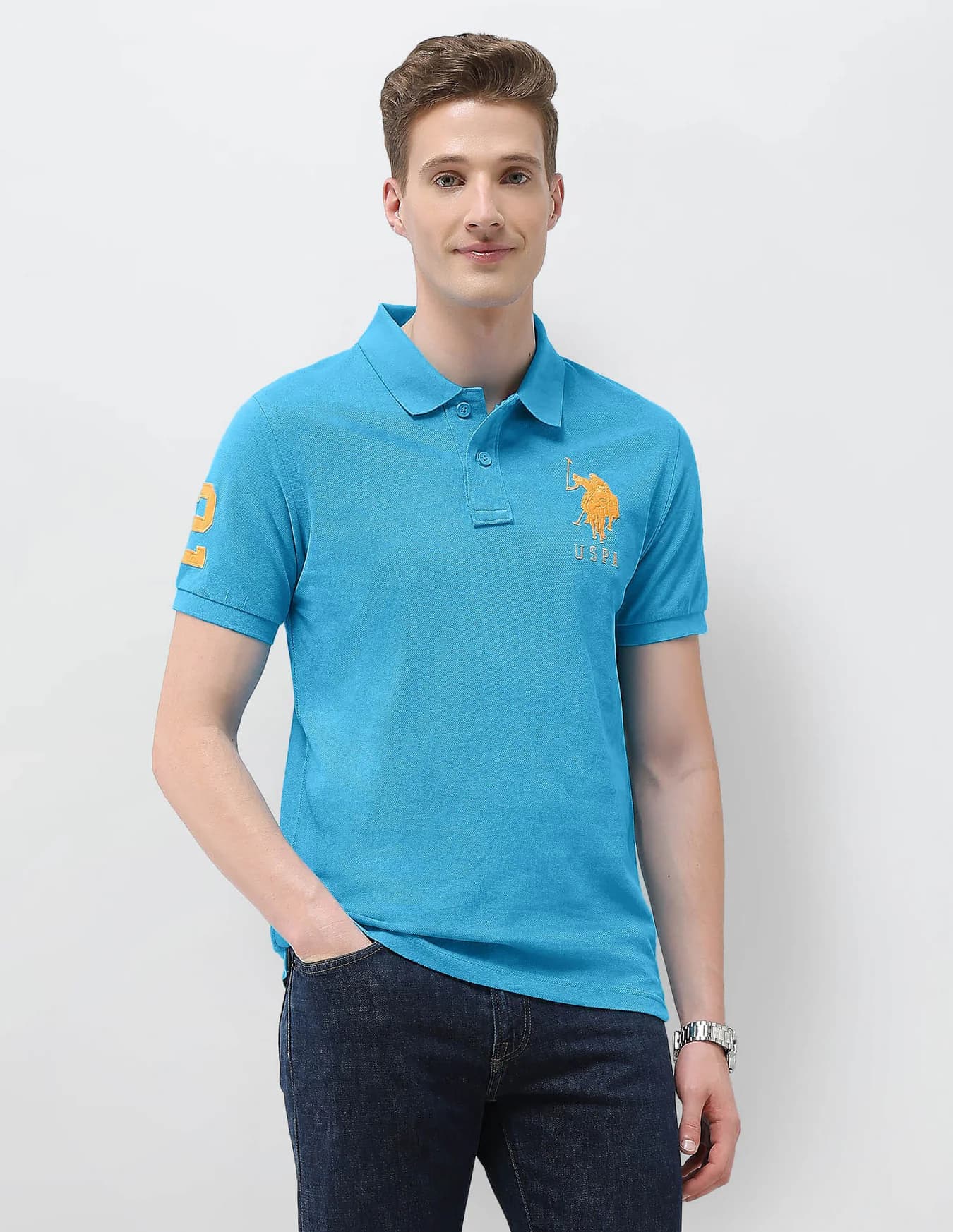 Men's Blue Casual Half Sleeves Solid Slim Fit Polo Tshirt