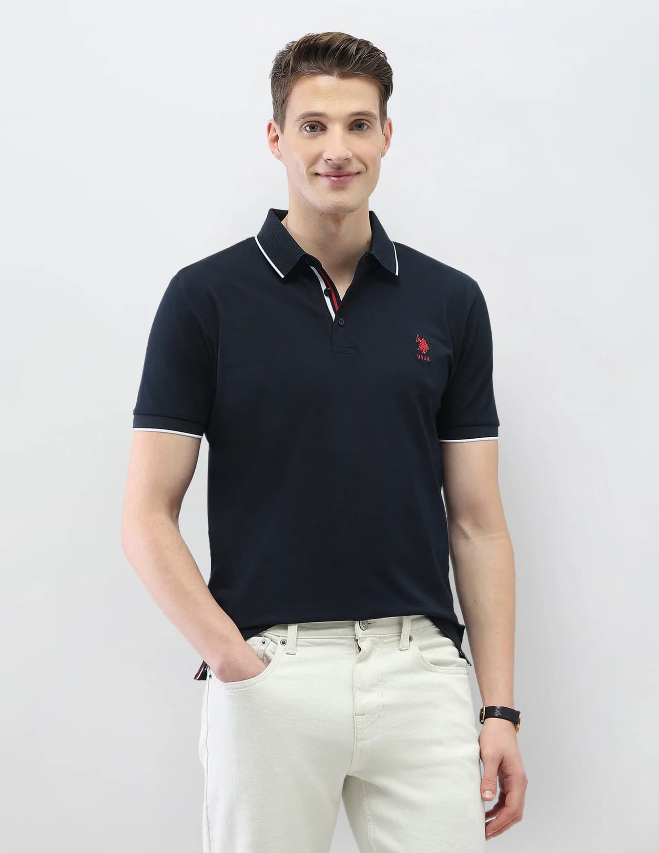 Men's Navy Casual Half Sleeves Solid New Port Marina Polo Tshirt