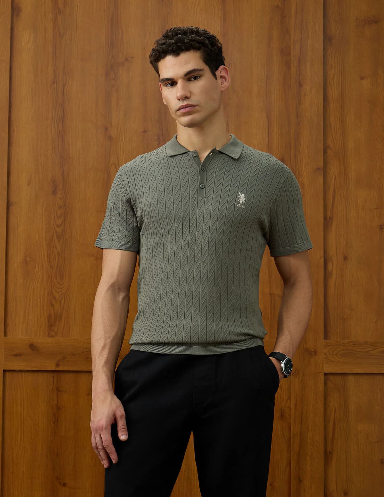 Men's Green Casual Half Sleeves Patterned Knit Equestrian Aisle Theater Polo Tshirt