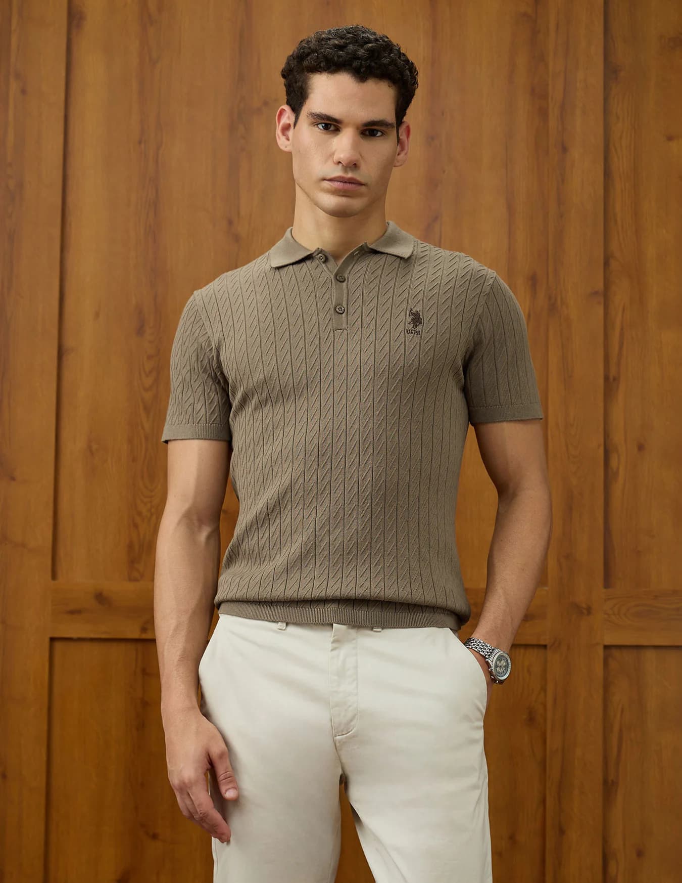 Men's Brown Casual Half Sleeves Patterned Knit Equestrian Aisle Theater Polo Tshirt