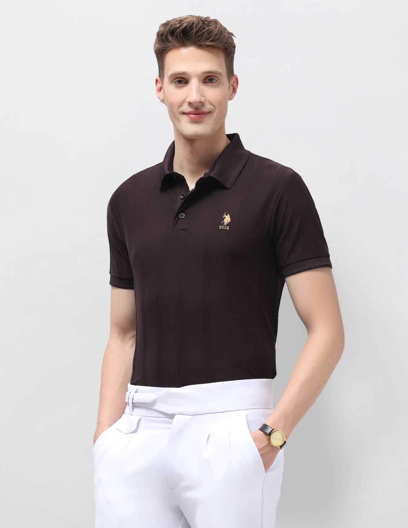 Men's Red Casual Half Sleeves Vertical Striped Slim Fit Polo Tshirt