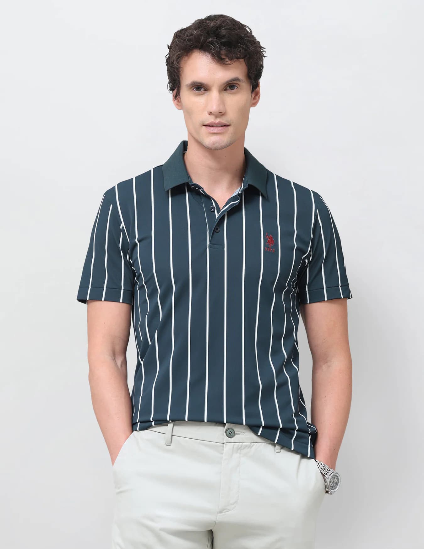 Men's Blue Casual Half Sleeves Vertical Striped Slim Fit Polo Tshirt