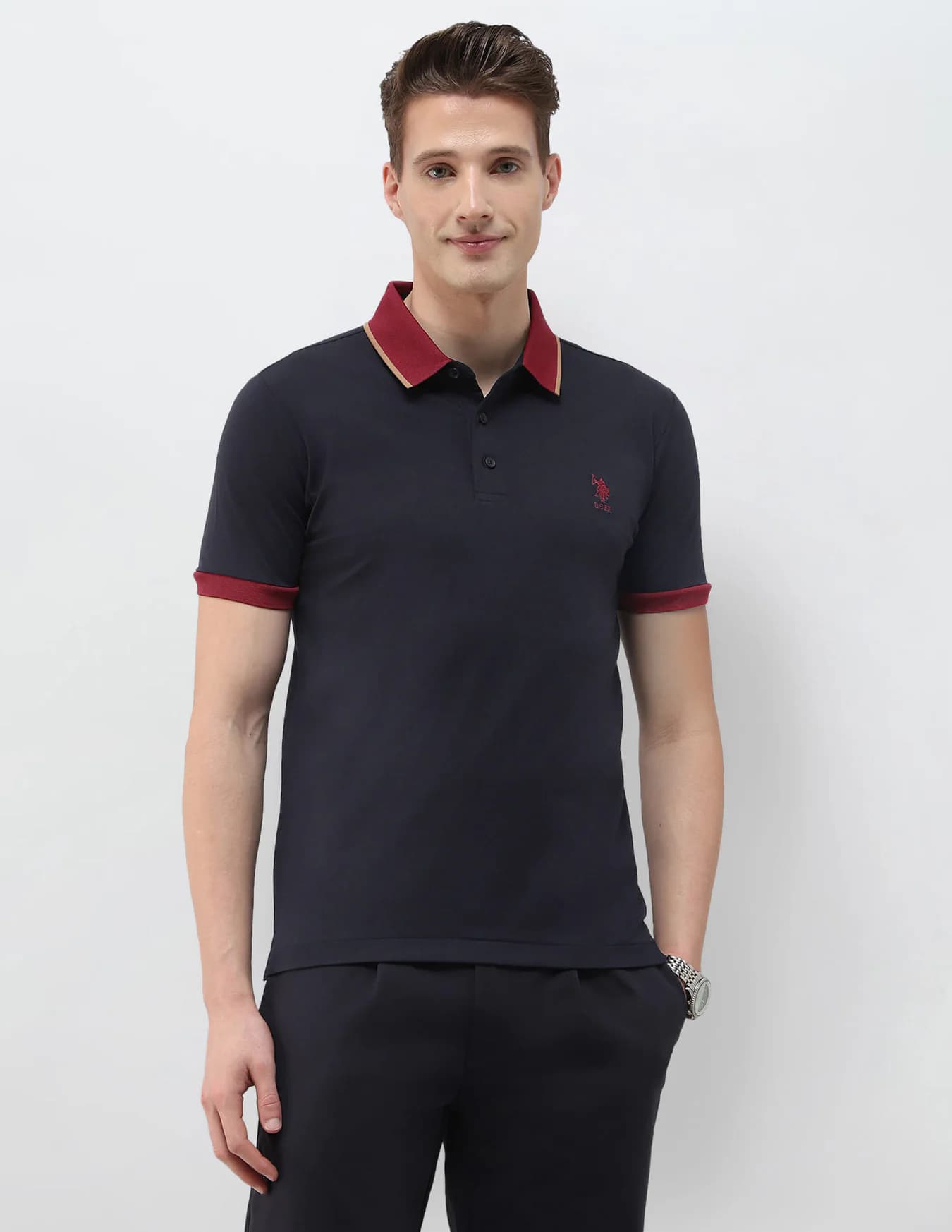 Men's Navy Casual Half Sleeves Solid Slim Fit Polo Tshirt