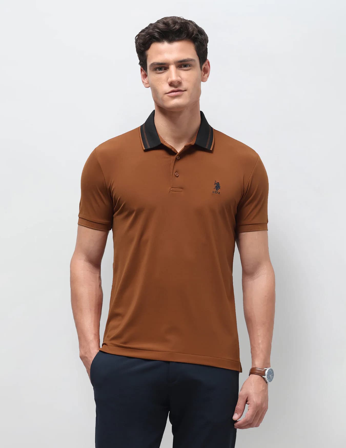 Men's Orange Casual Half Sleeves Solid Slim Fit Polo Tshirt