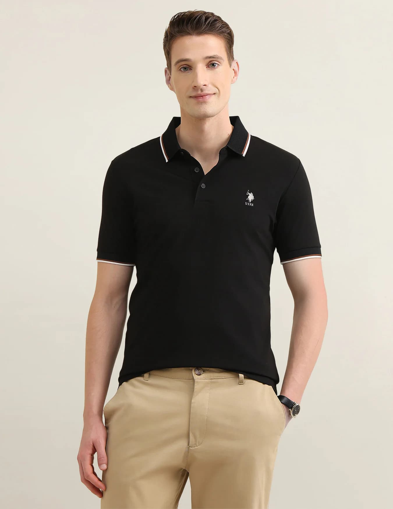 Men's Black Casual Half Sleeves Solid Sotogrande Slim Fit Polo Tshirt