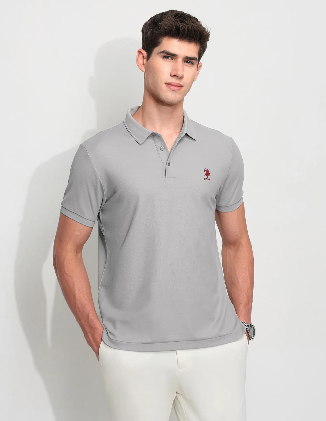 Men's Grey Casual Half Sleeves Solid Slim Fit Polo Tshirt