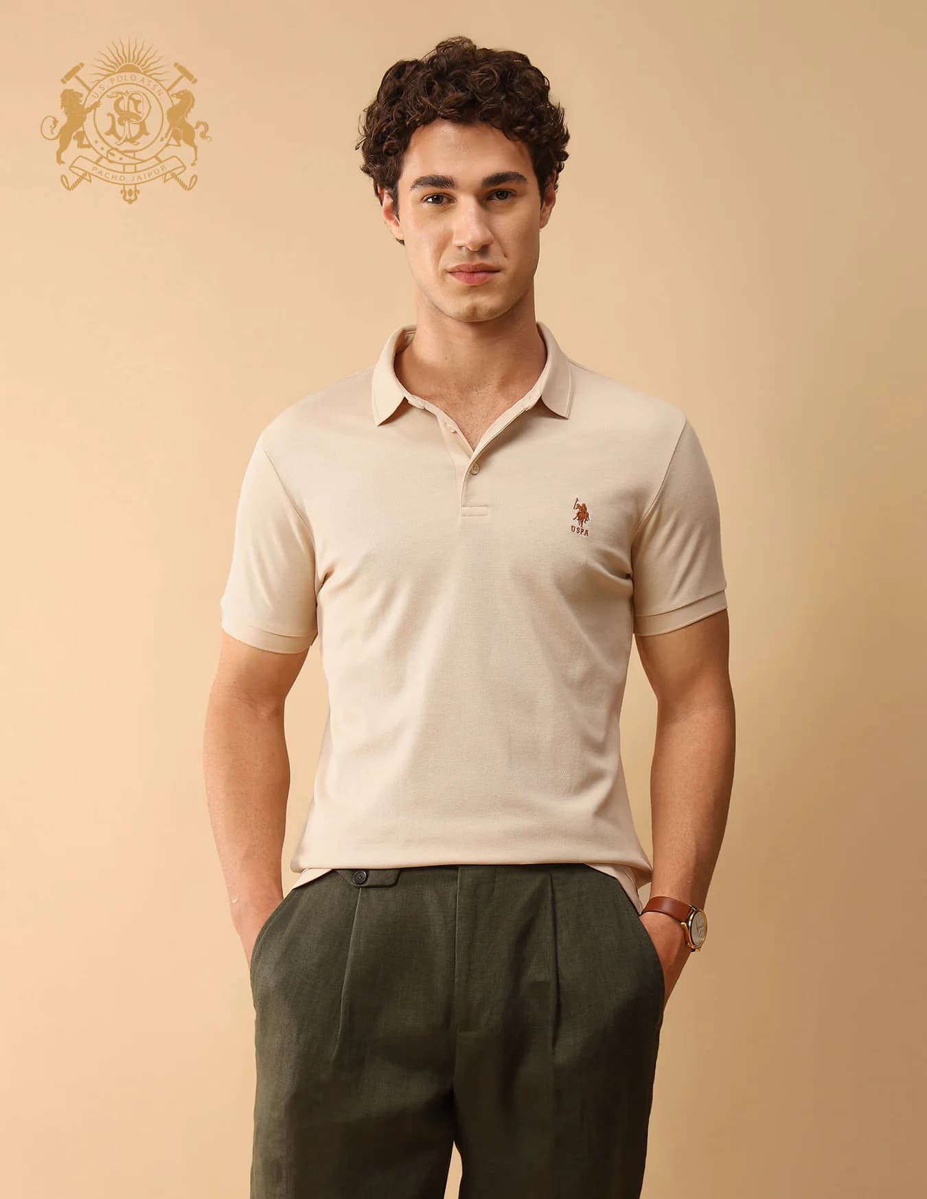 Men's Beige Casual Half Sleeves Pacho X Slim Fit Solid Polo Tshirt