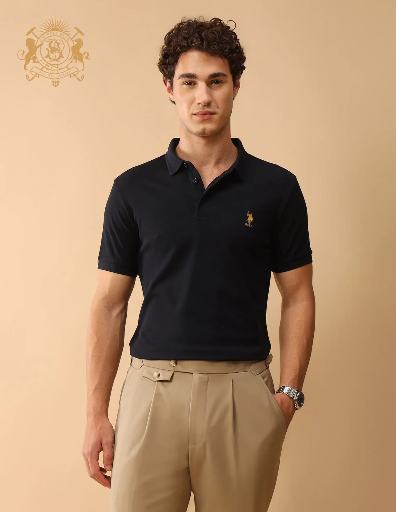 Men's Navy Casual Half Sleeves Pacho X Slim Fit Solid Polo Tshirt