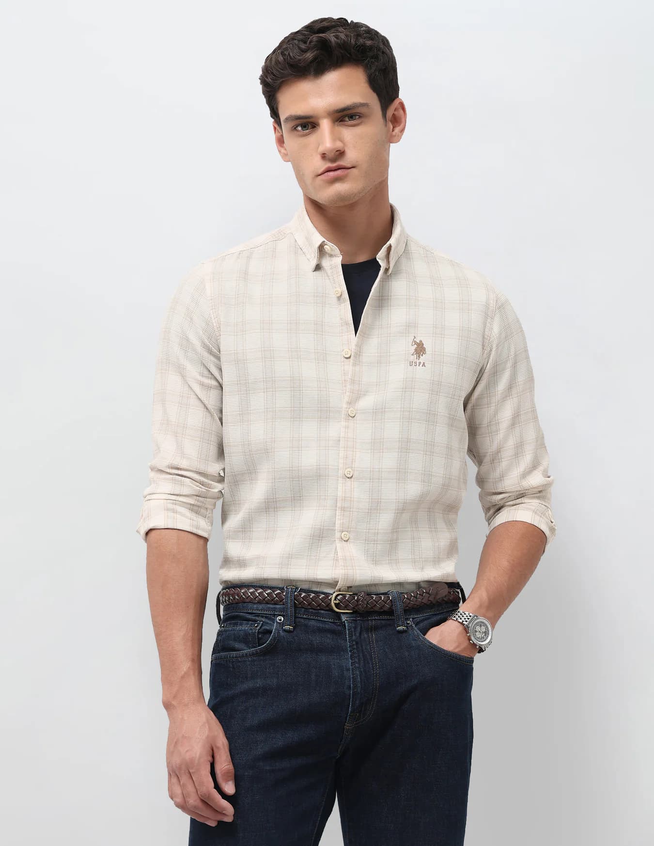 Men's Beige Casual Regular Fit Full Sleeves Spread Collar Shirt