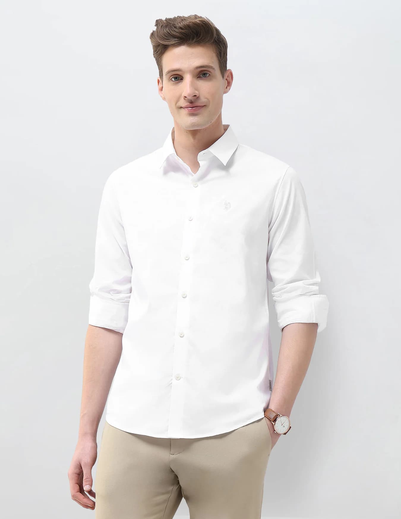 Men's White Casual Regular Fit Full Sleeves Cutaway Collar Shirt