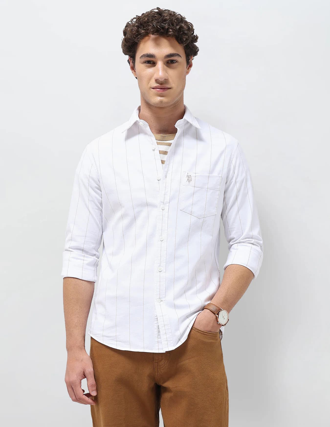 Men's White Casual Regular Fit Full Sleeves Spread Collar Shirt