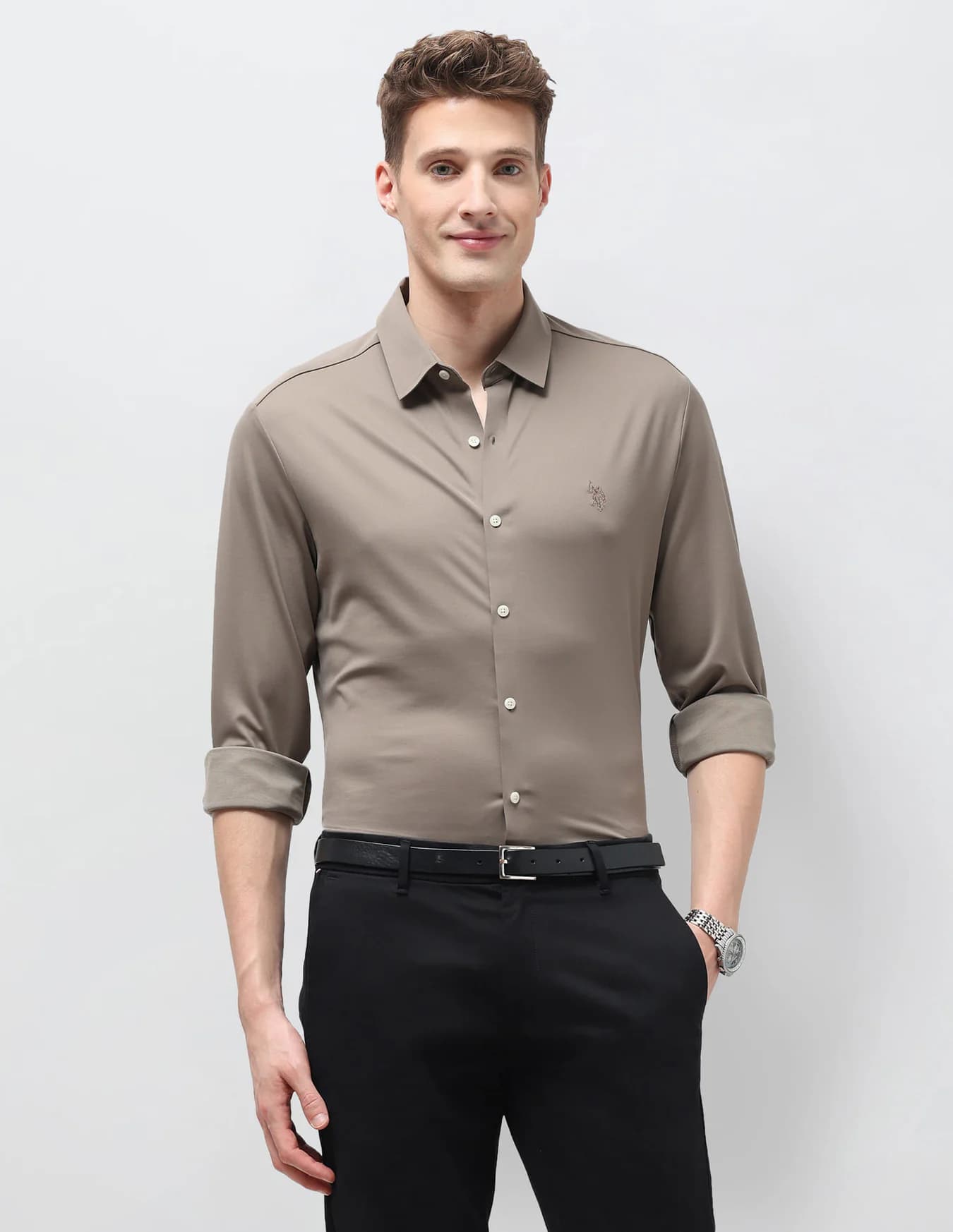 Men's Brown Casual Regular Fit Full Sleeves Spread Collar Shirt