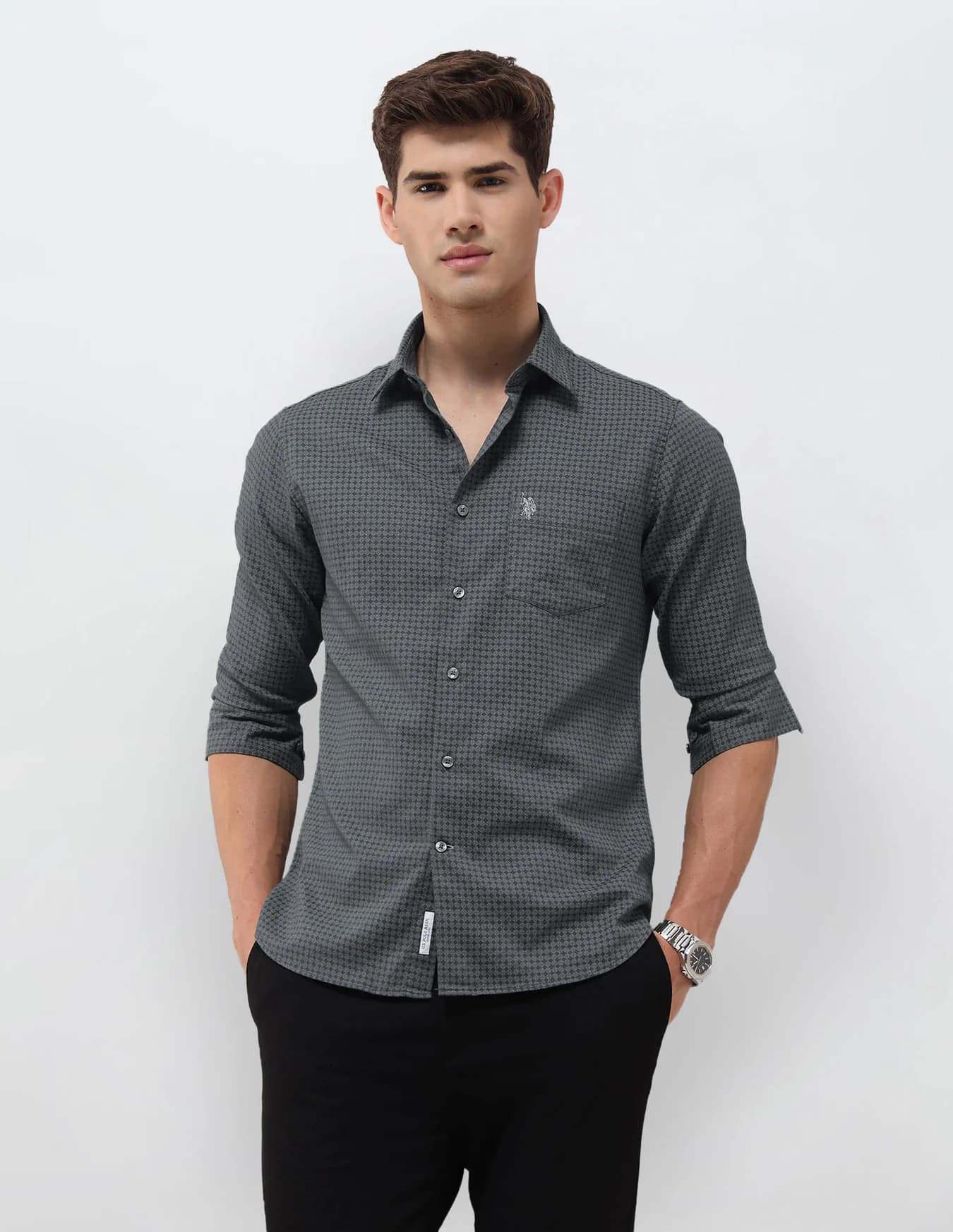 Men's Grey Casual Regular Fit Full Sleeves Spread Collar Shirt