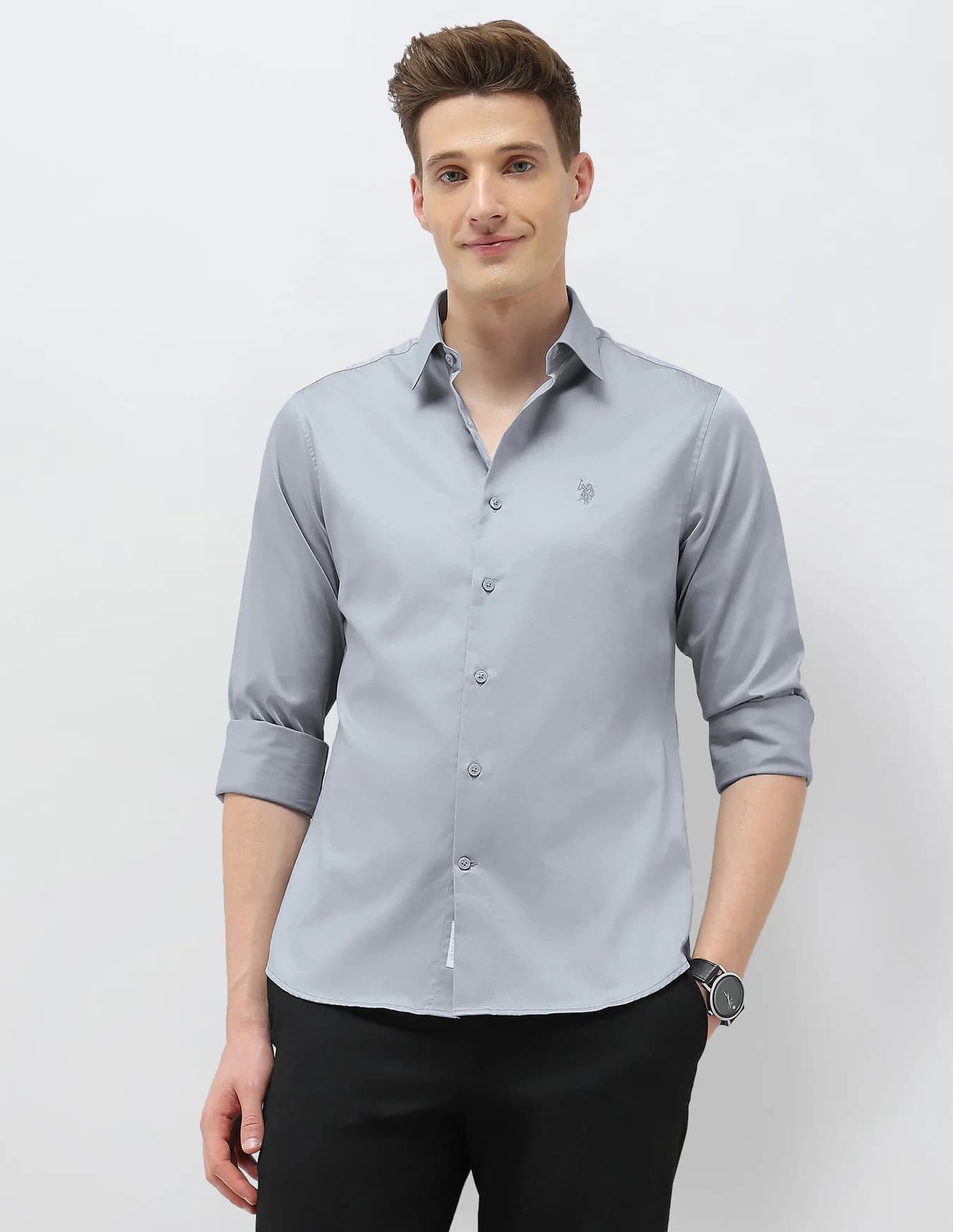 Men's Grey Casual Slim Fit Full Sleeves Cutaway Collar Shirt