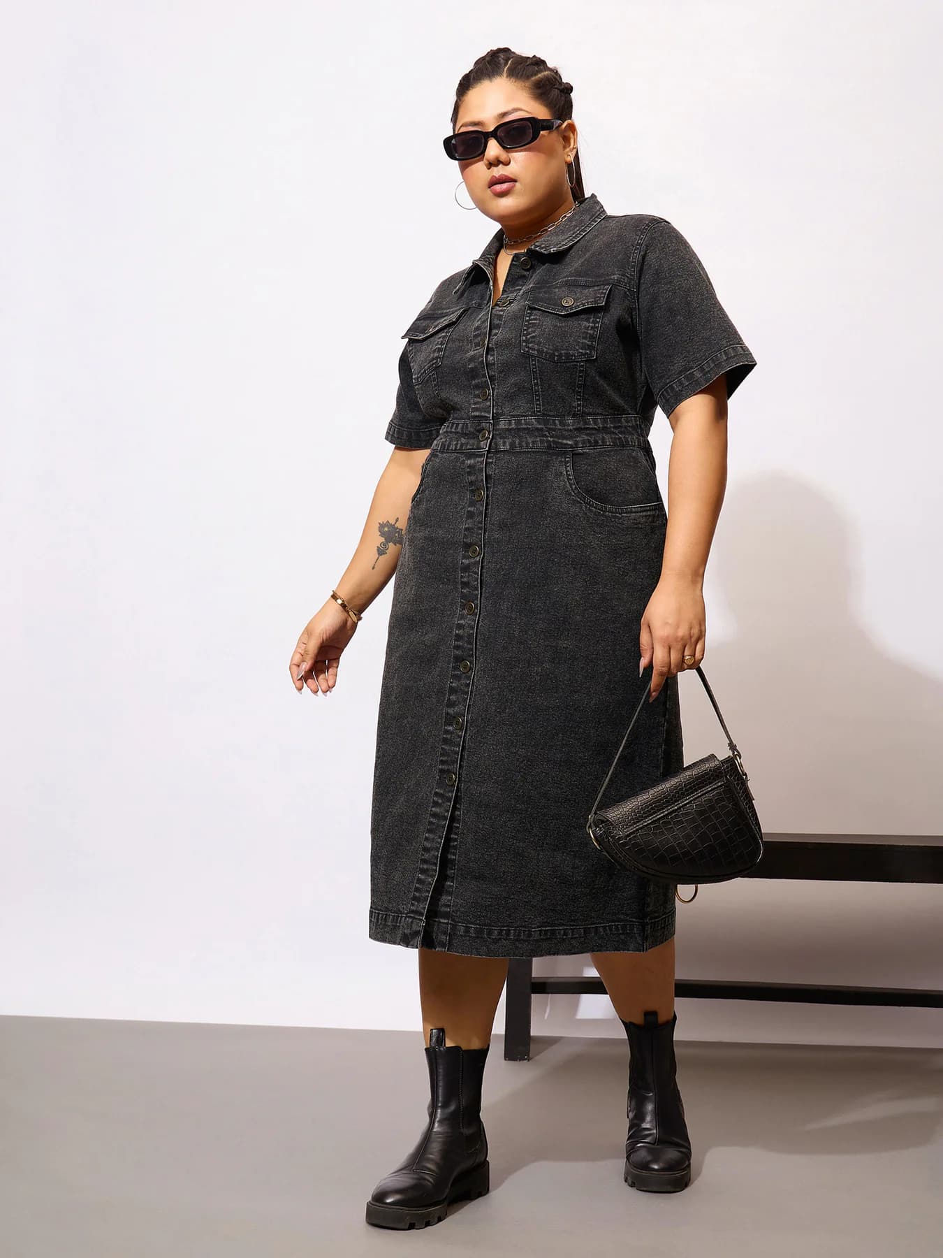 Women's Black Casual Solid Denim Front Button Shirt Dress