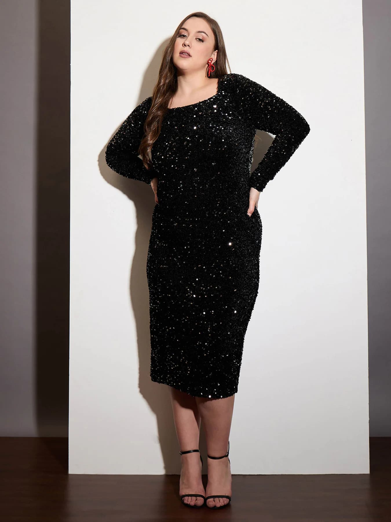 Women's Black Party Embellished Velour Sequence Maxi Dress