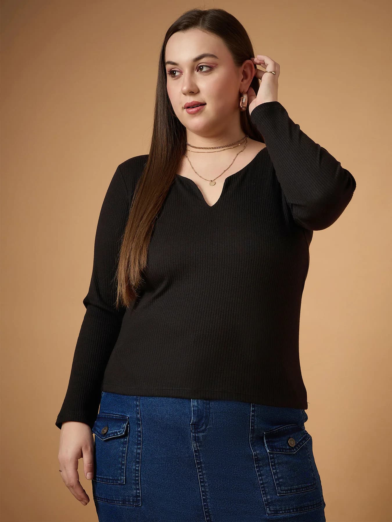 Women's Black Rib Casual Solid Full Sleeves Top