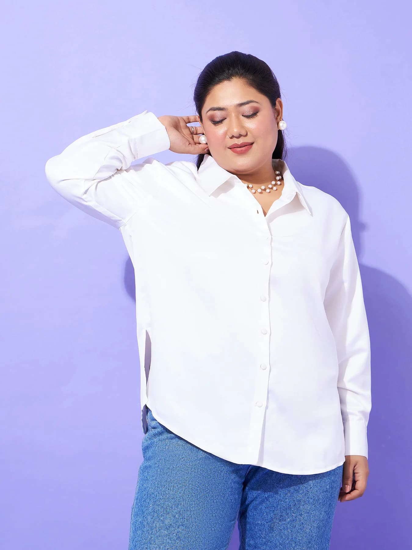 Women's White Casual Solid Satin Shirt