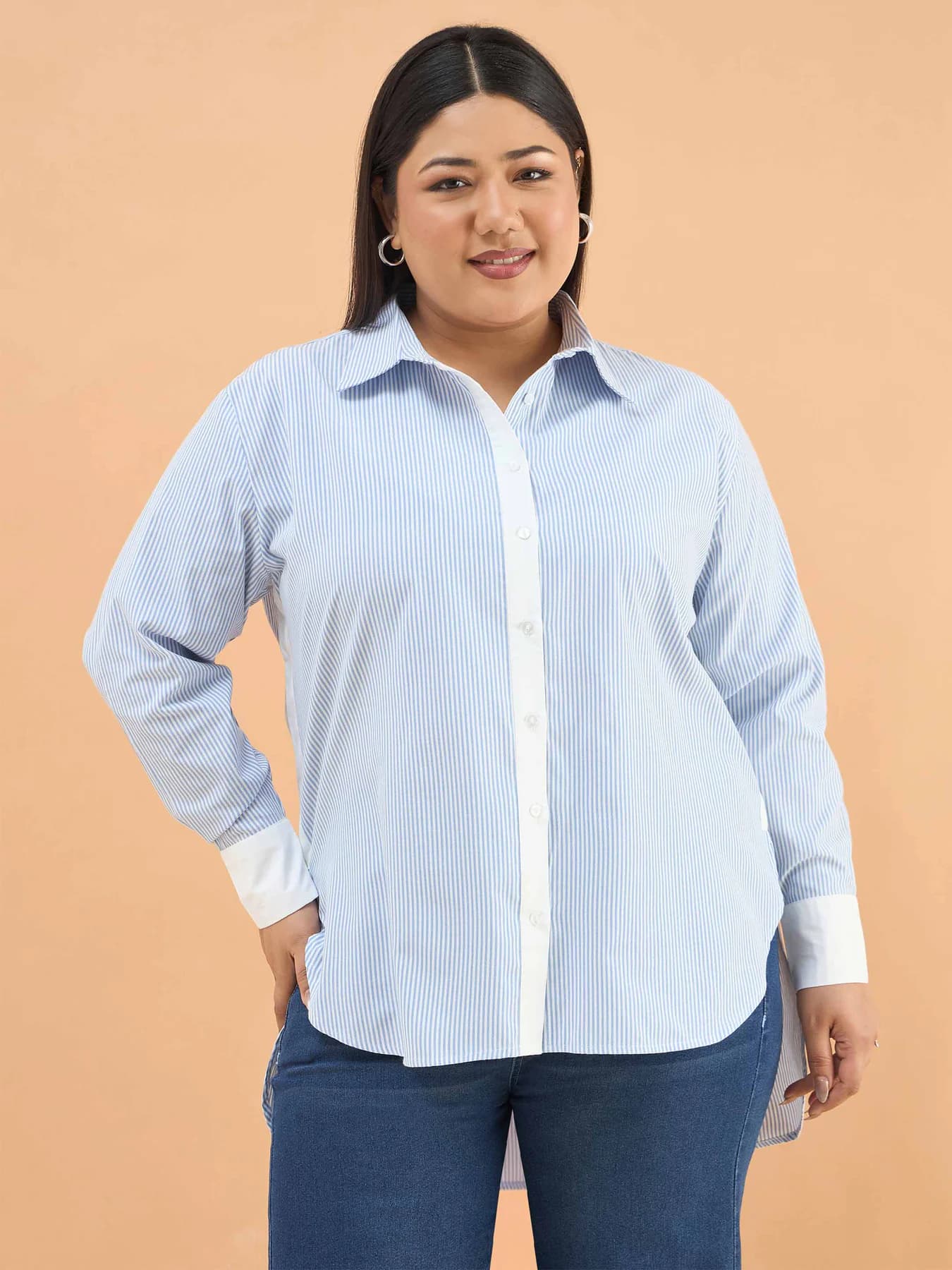Women's Ice Blue Stripes Casual High Low Shirt