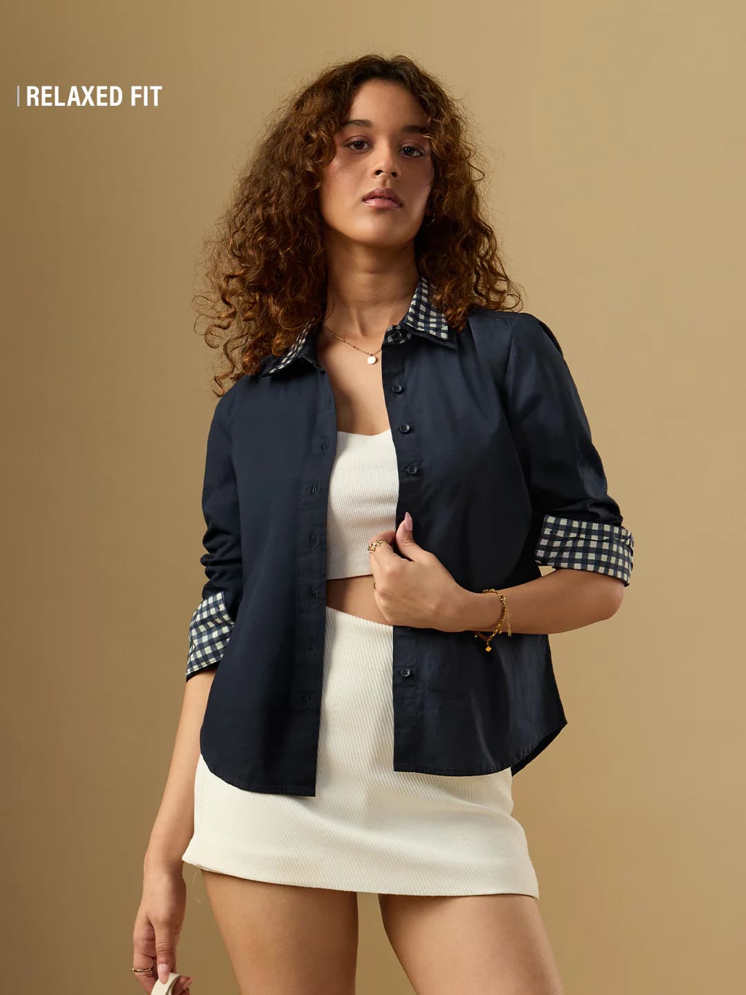 Women's Navy Casual Regular Fit Full Sleeves Spread Collar Shirt