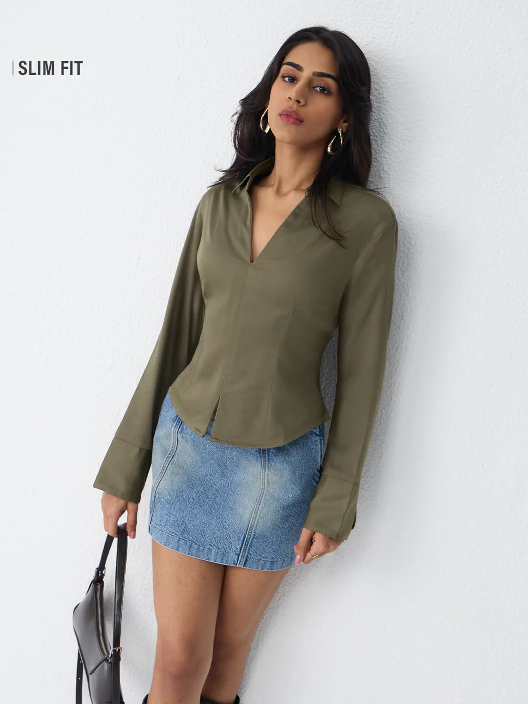 Women's Green Casual Slim Fit Full Sleeves Spread Collar Shirt