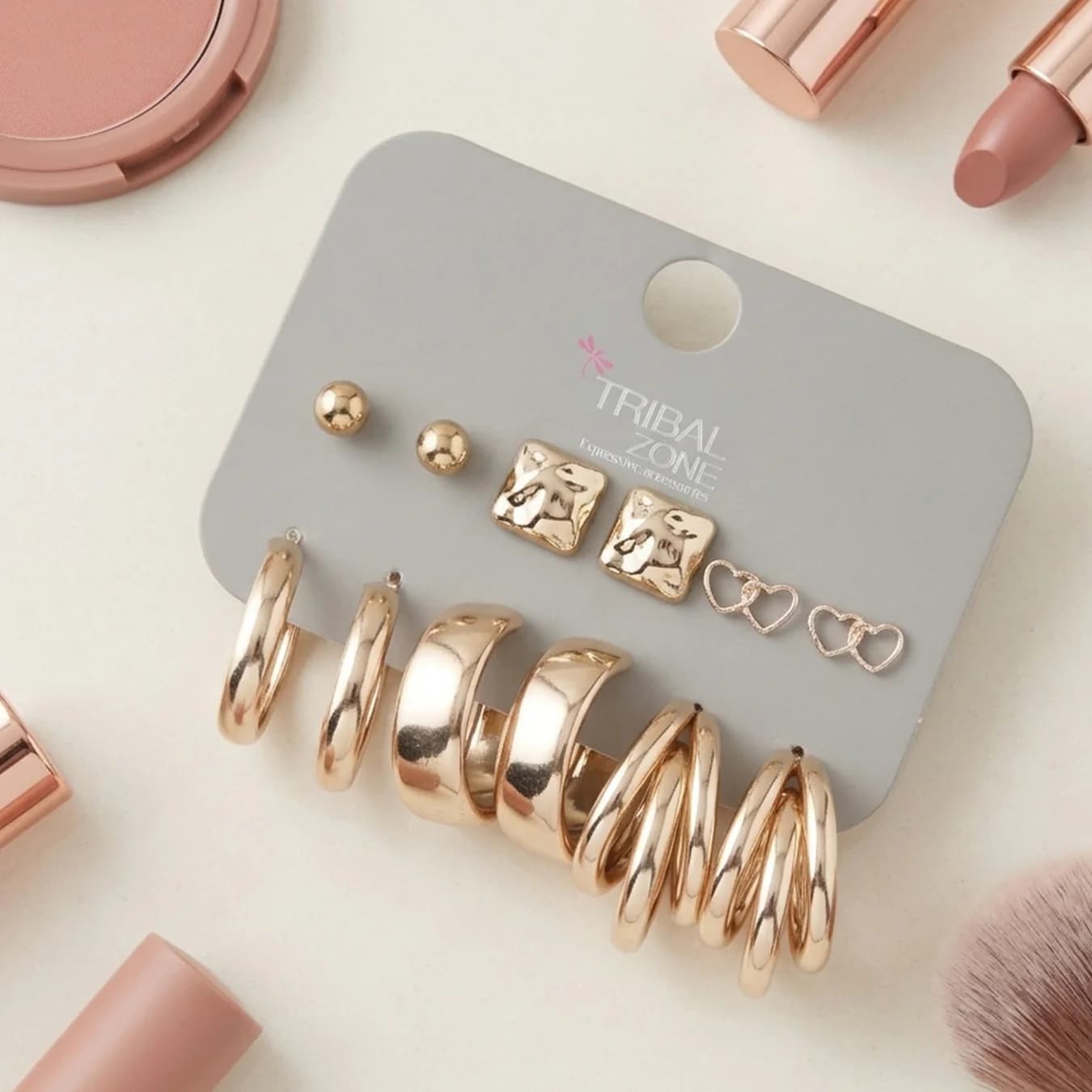 Women's Gold 6-in-1 Ball and Hoop Statement Earring Set