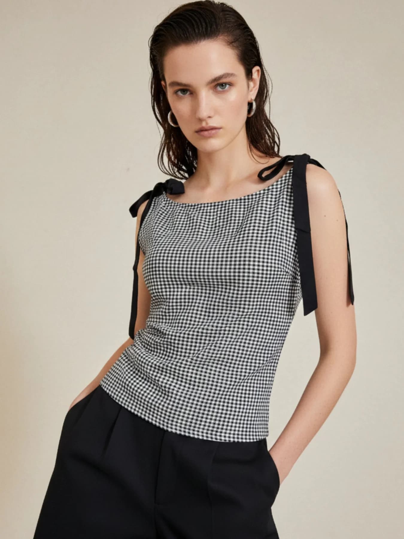 Women's Black Boat Neck Ghingham Knotted Bow Top