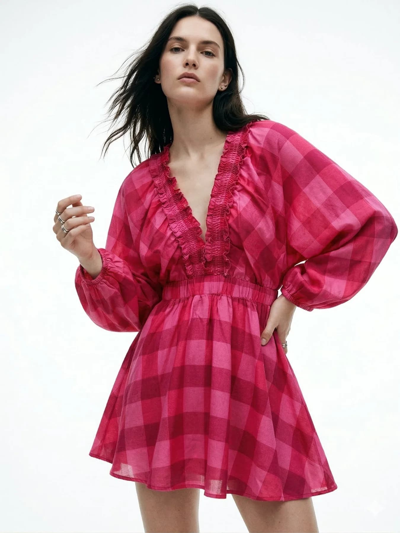 Women's Pink Plunge Neck Bold Checkered Mini Dress