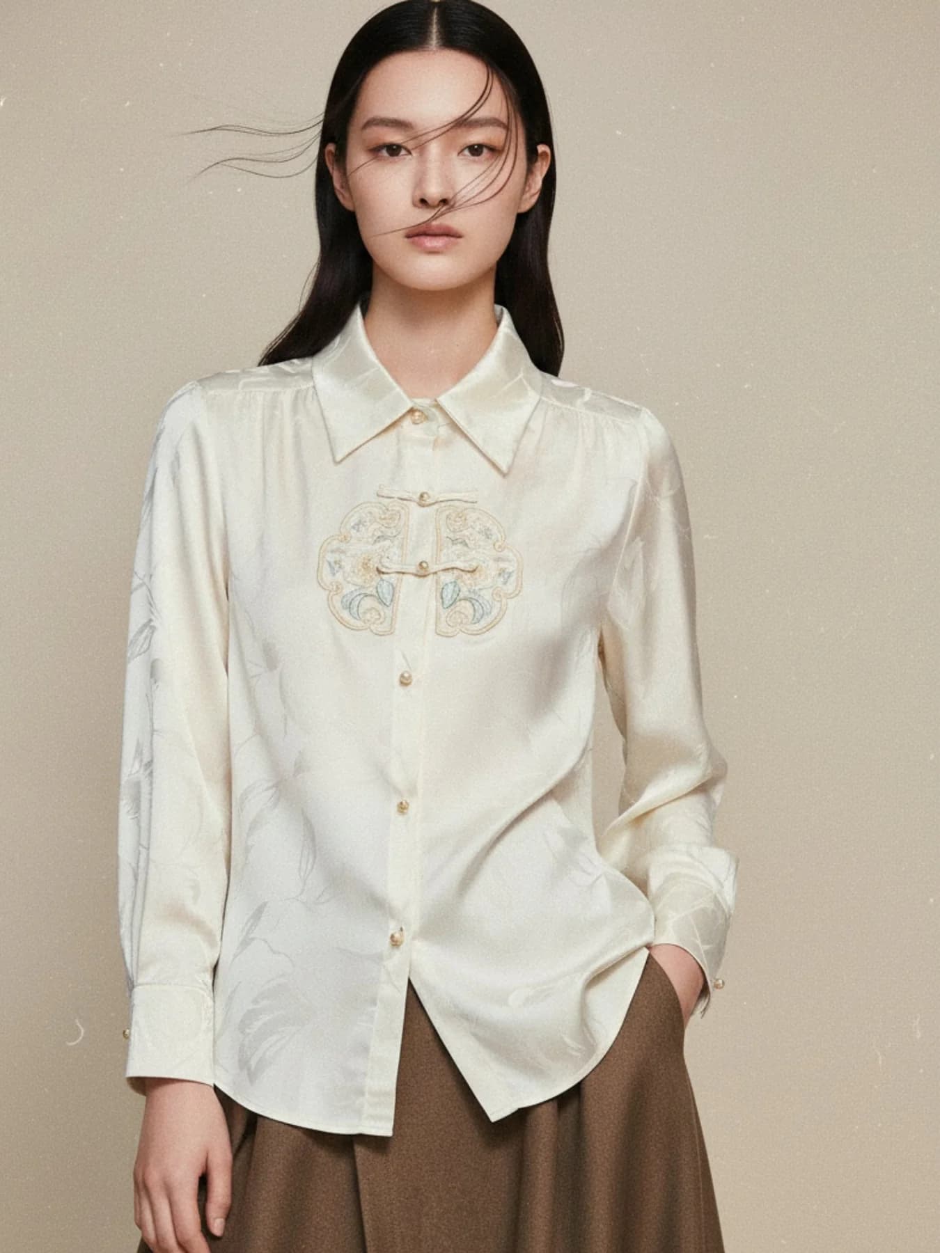 Women's White Full Sleeve Collared Neck Ruffle Detail Shirt