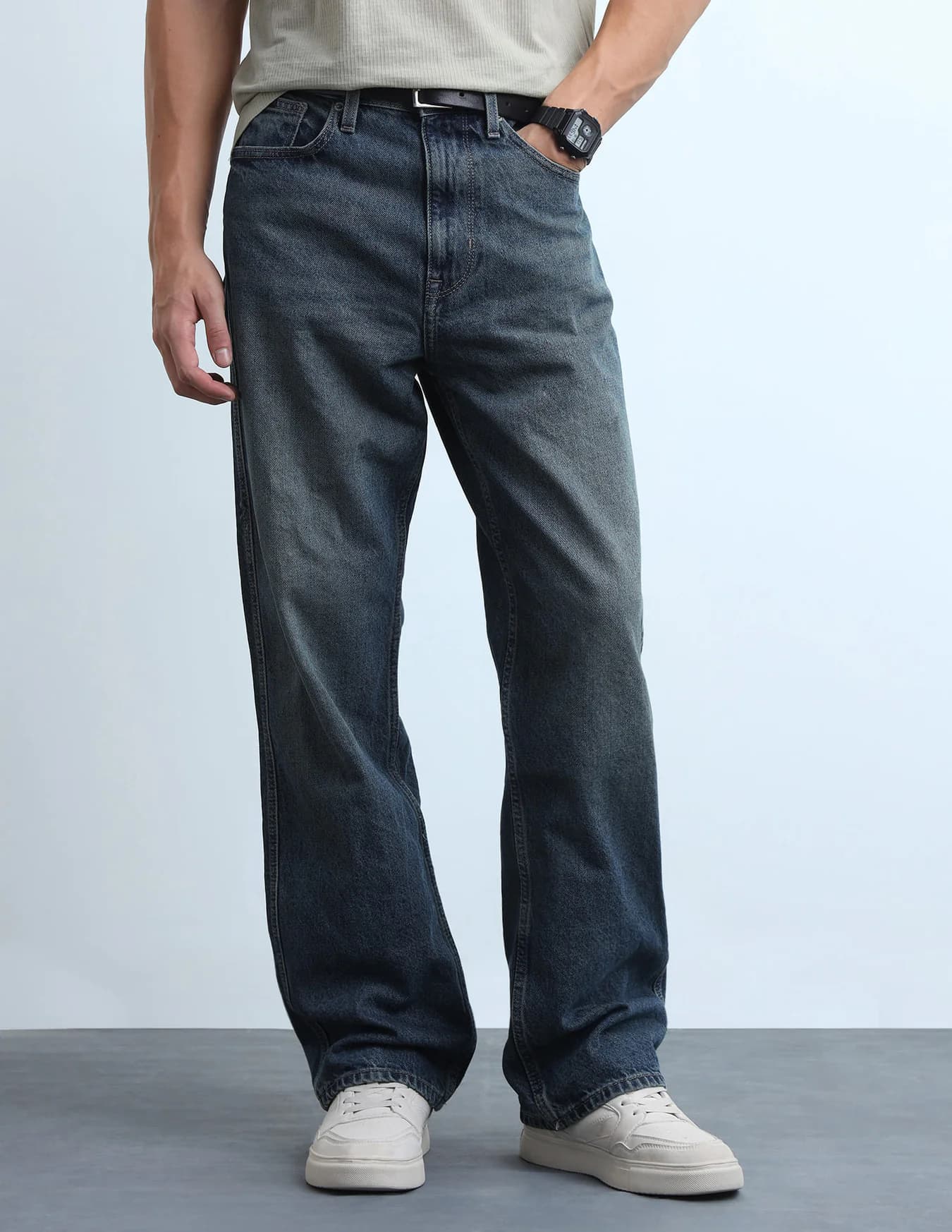 Men's Blue Casual Baggy Fit Mid Rise Jeans