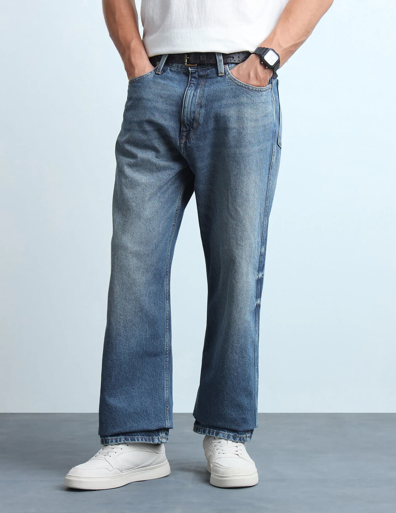 Men's Blue Casual Baggy Fit Mid Rise Jeans